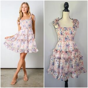 Storia Girl Power Floral Print Ruffle Smocked Mini Dress Size Small